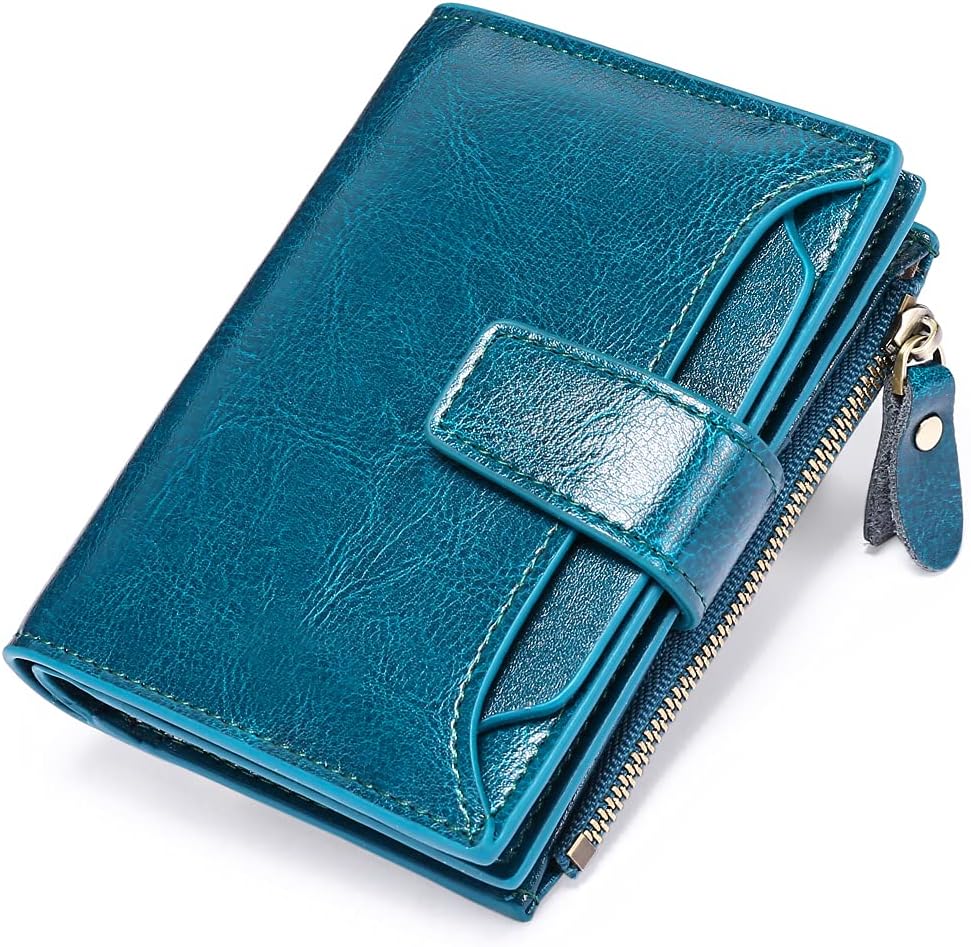 Women's Genuine Leather Bifold Compact RFID Blocking Wallet, Blue, 5.12 x 3.93 x 1.2 in