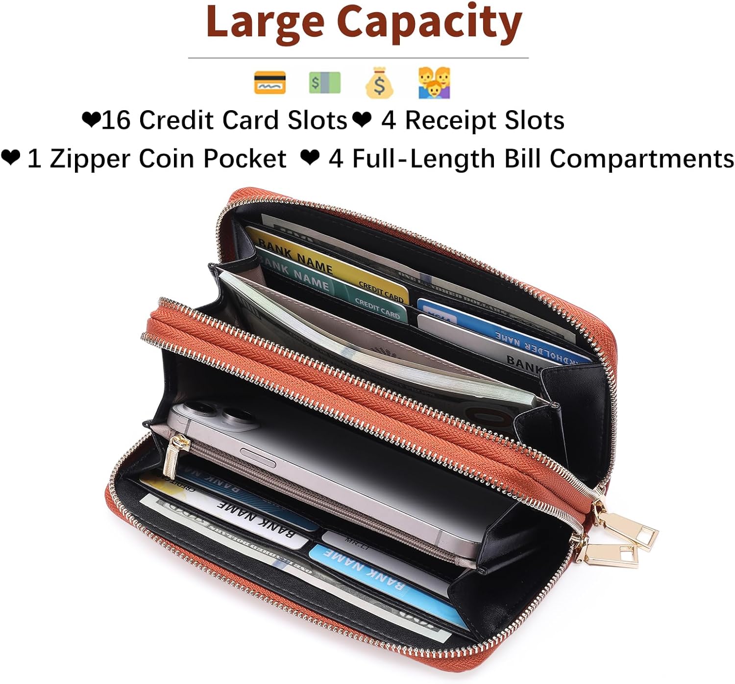 Women's Wallet Large Capacity Double Zip Around Credit Card Holder Leather Ladies Wallet with RFID Blocking Phone Wristlet Purse Brown - Image 2