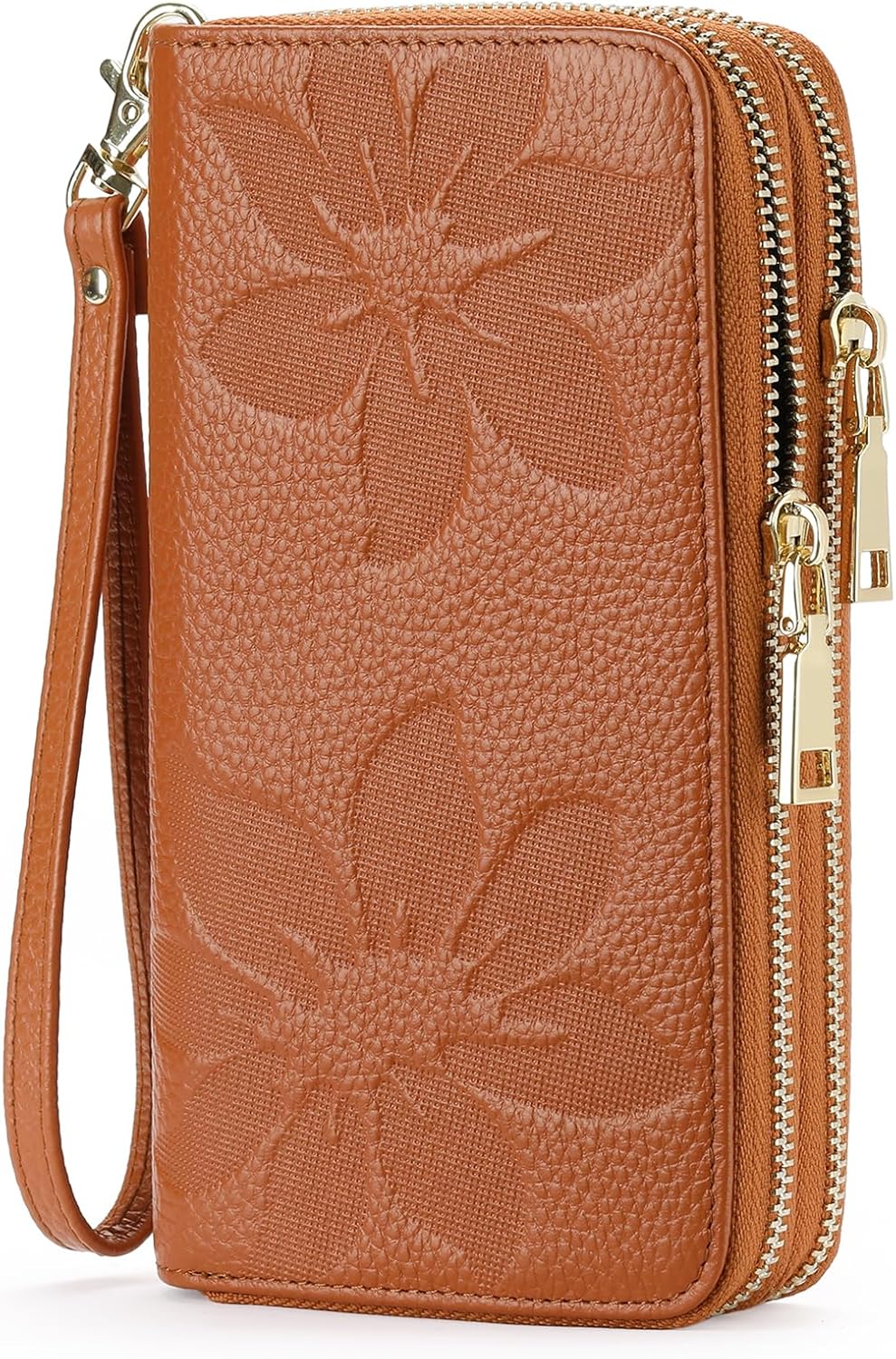 Women's Wallet Large Capacity Double Zip Around Credit Card Holder Leather Ladies Wallet with RFID Blocking Phone Wristlet Purse Brown